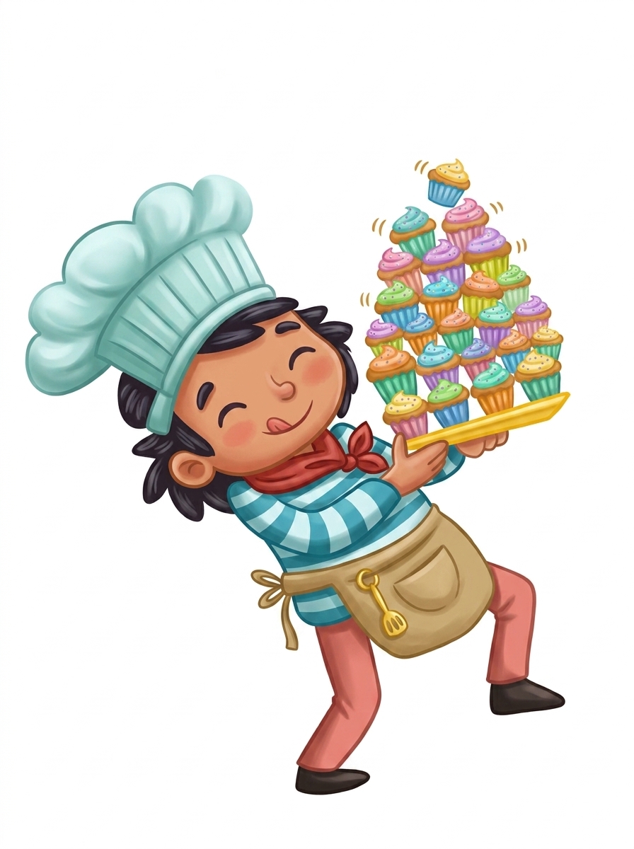 Bentley the baker balancing a tower of cupcakes.