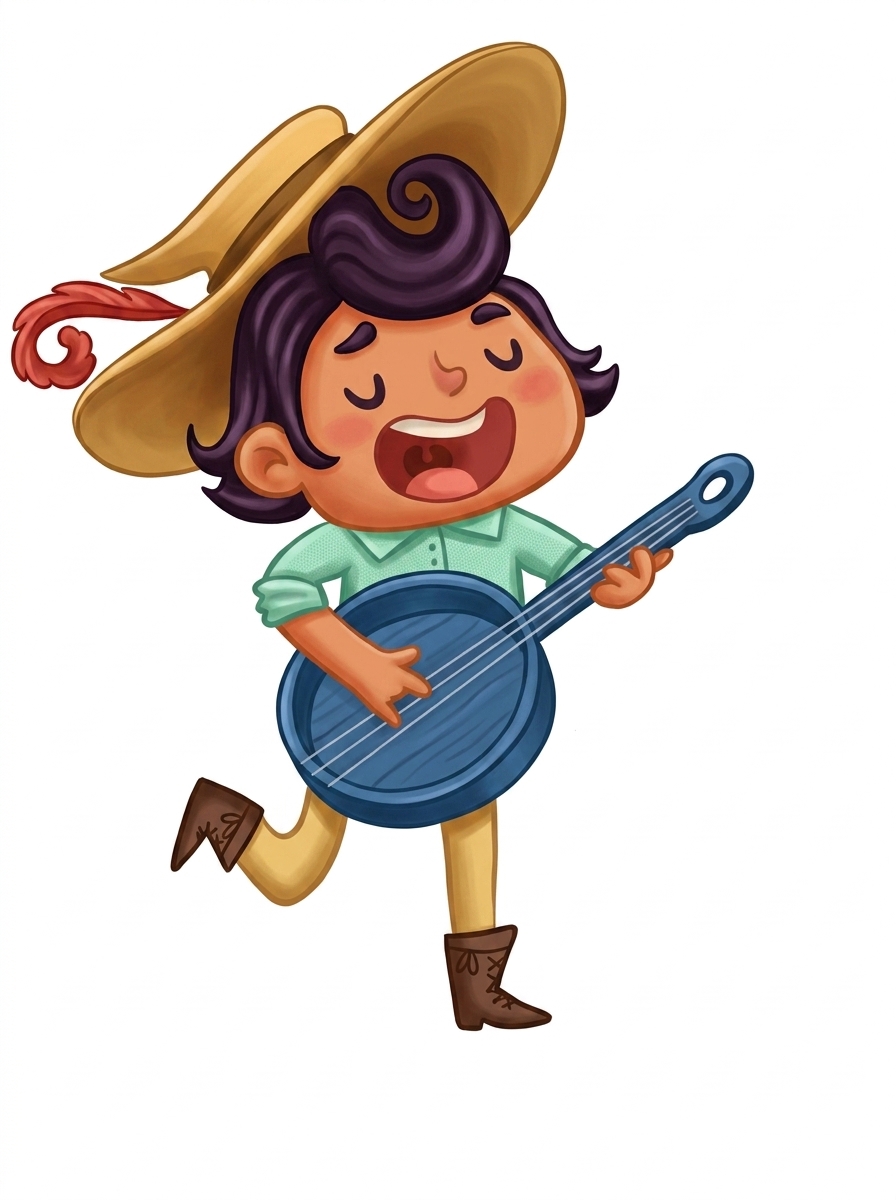 Benny the bard holding his blue banjo and singing.