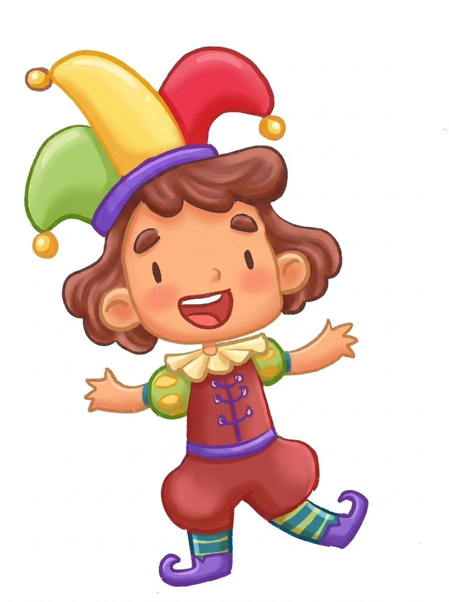 Jester laughing in a colorful jester hat.