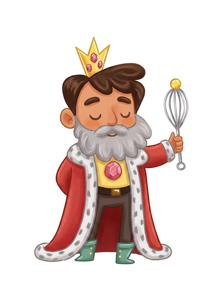King Kenan with his crown, beard, and silver scepter.