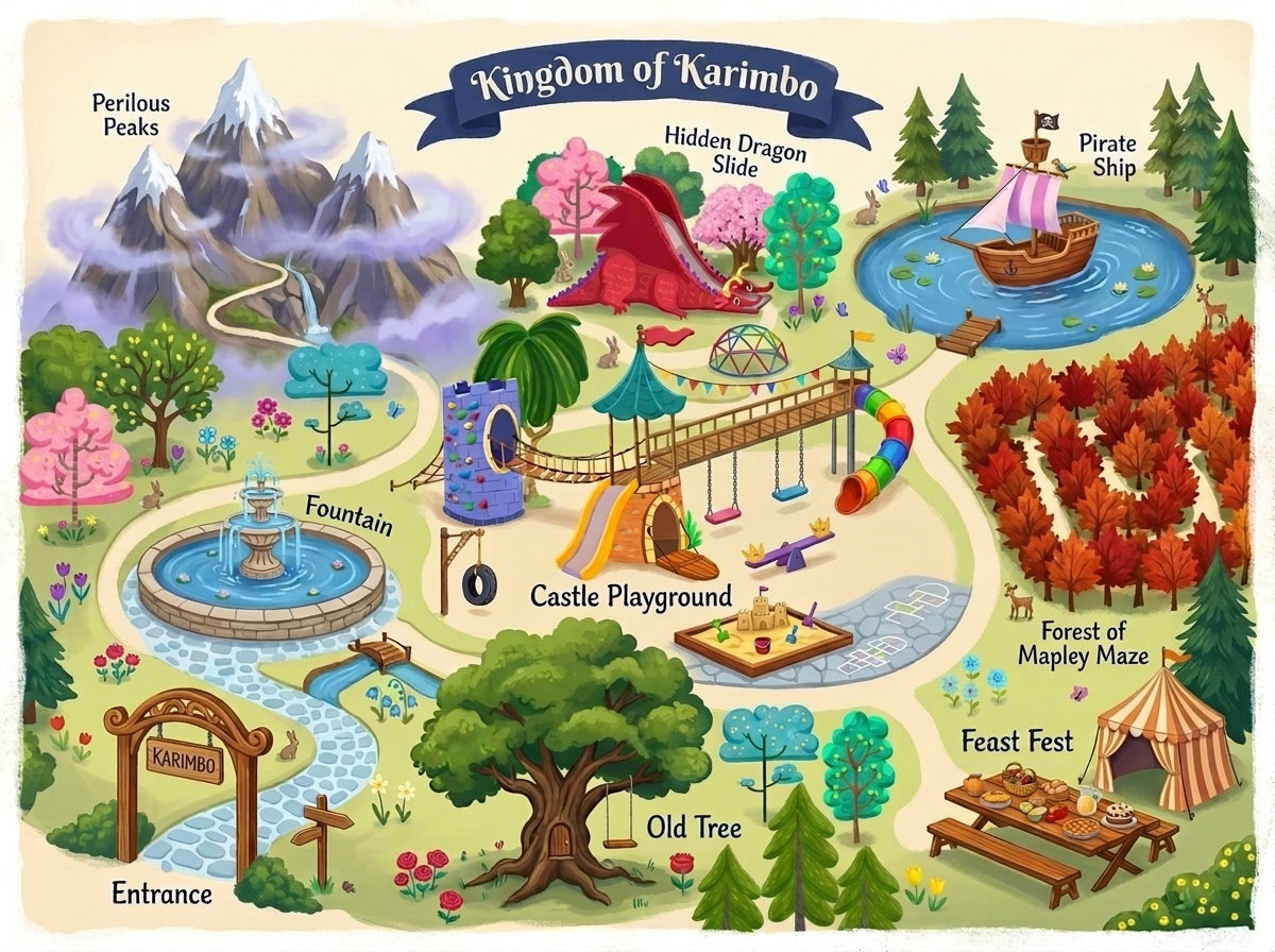 An illustrated storybook map of the Kingdom of Karimbo, showing Perilous Peaks, the Hidden Dragon Slide, the Castle Playground, the Forest of Mapley Maze, Pirate Ship lake, Old Tree, Fountain, Feast Fest, and the entrance archway.