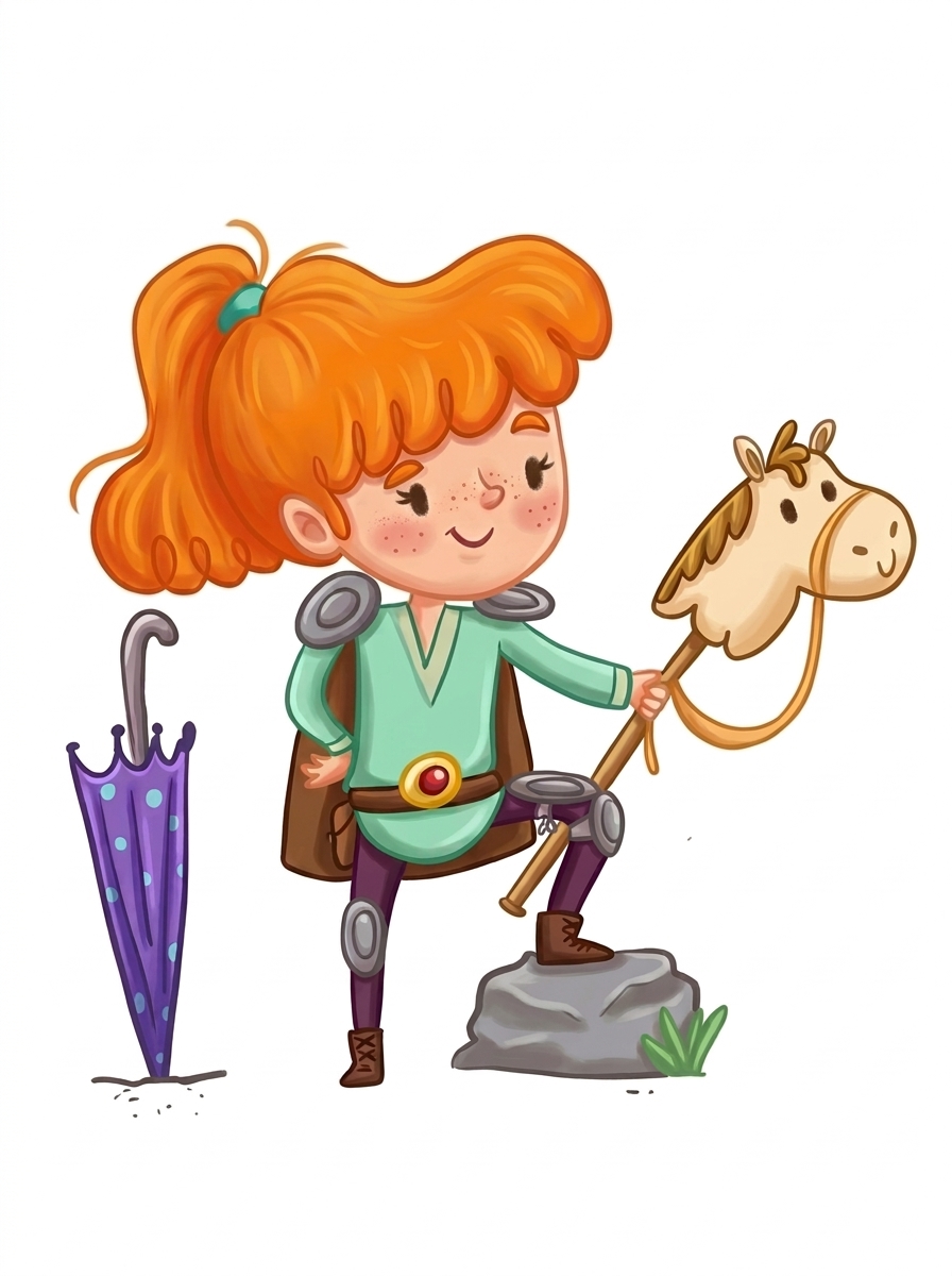 Nora the knight with her hobby horse and umbrella.