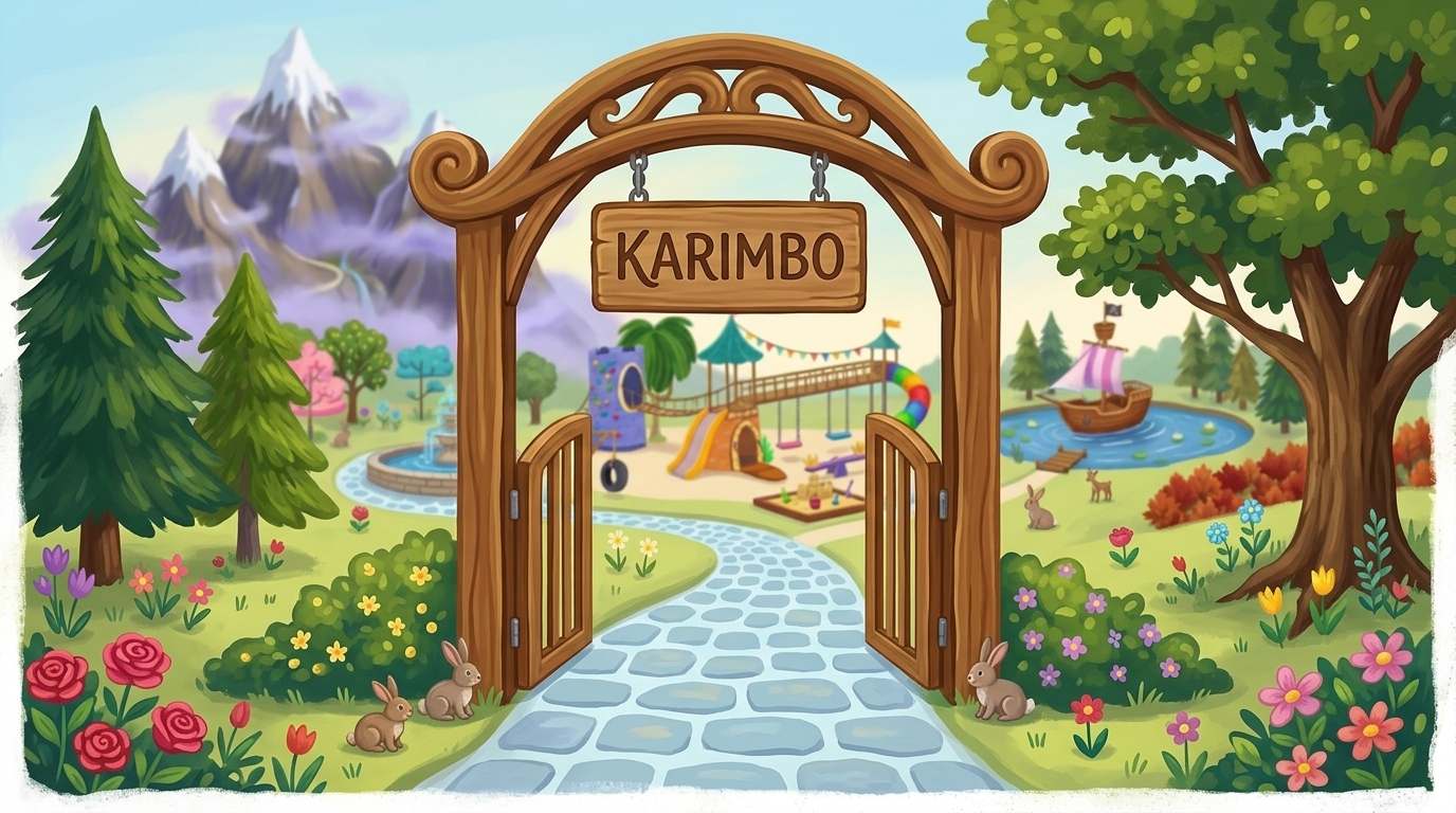 The wooden Karimbo entrance gate with a winding cobblestone path leading into the kingdom.