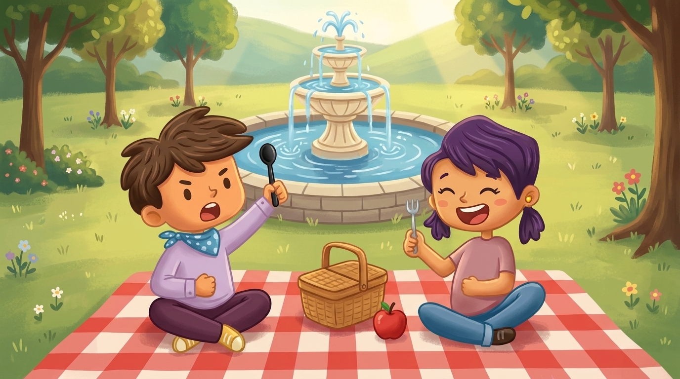 The Tableware Twins on a picnic blanket in front of the fountain, holding a spoon and a fork.