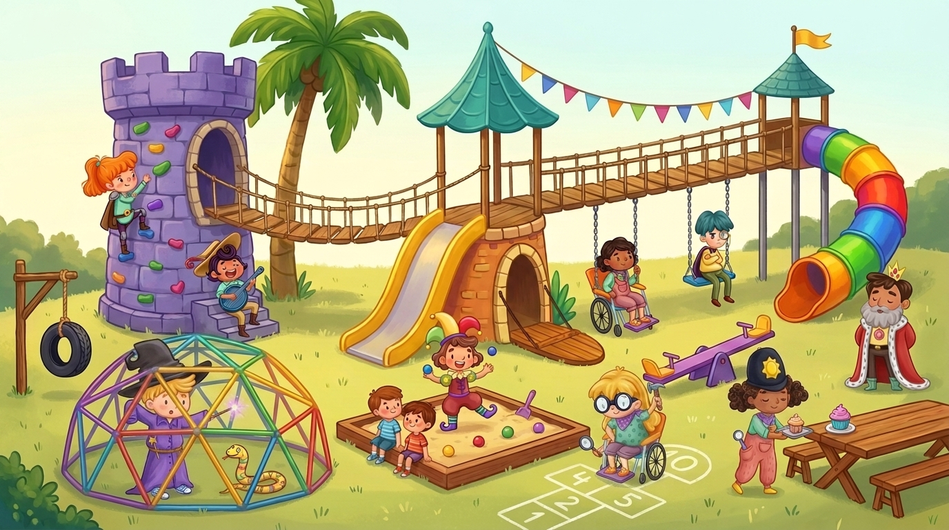 A wide view of all the Karimbo Kids playing on the Castle Playground.