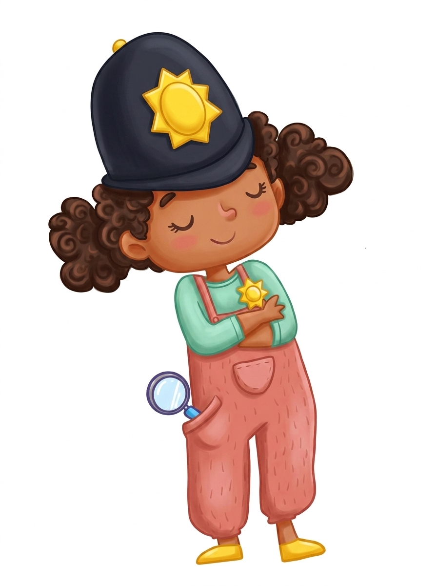 Sheri the sheriff with star badge and magnifying glass.
