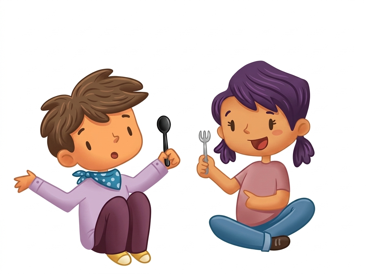The Tableware Twins sitting cross-legged with a fork and spoon.