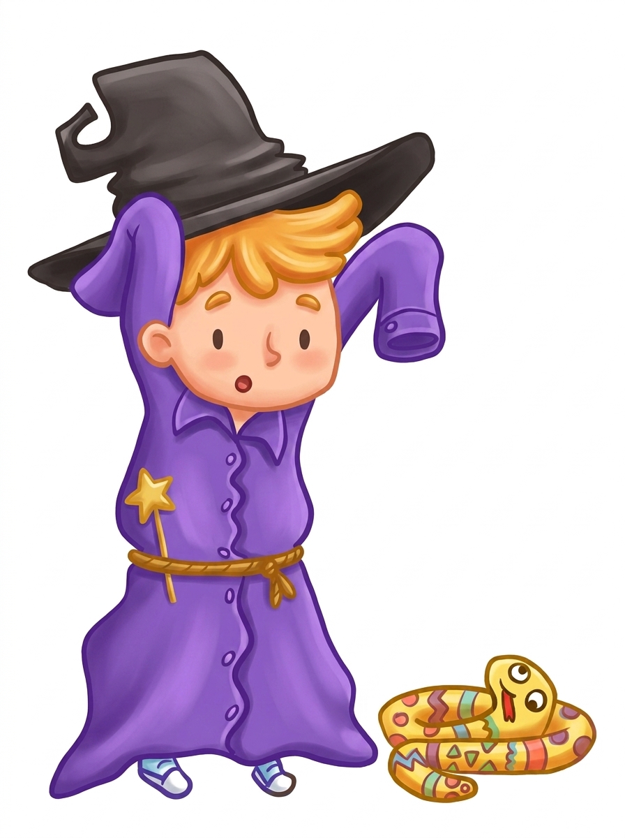 Wendell the wizard with floppy hat and snake friend.